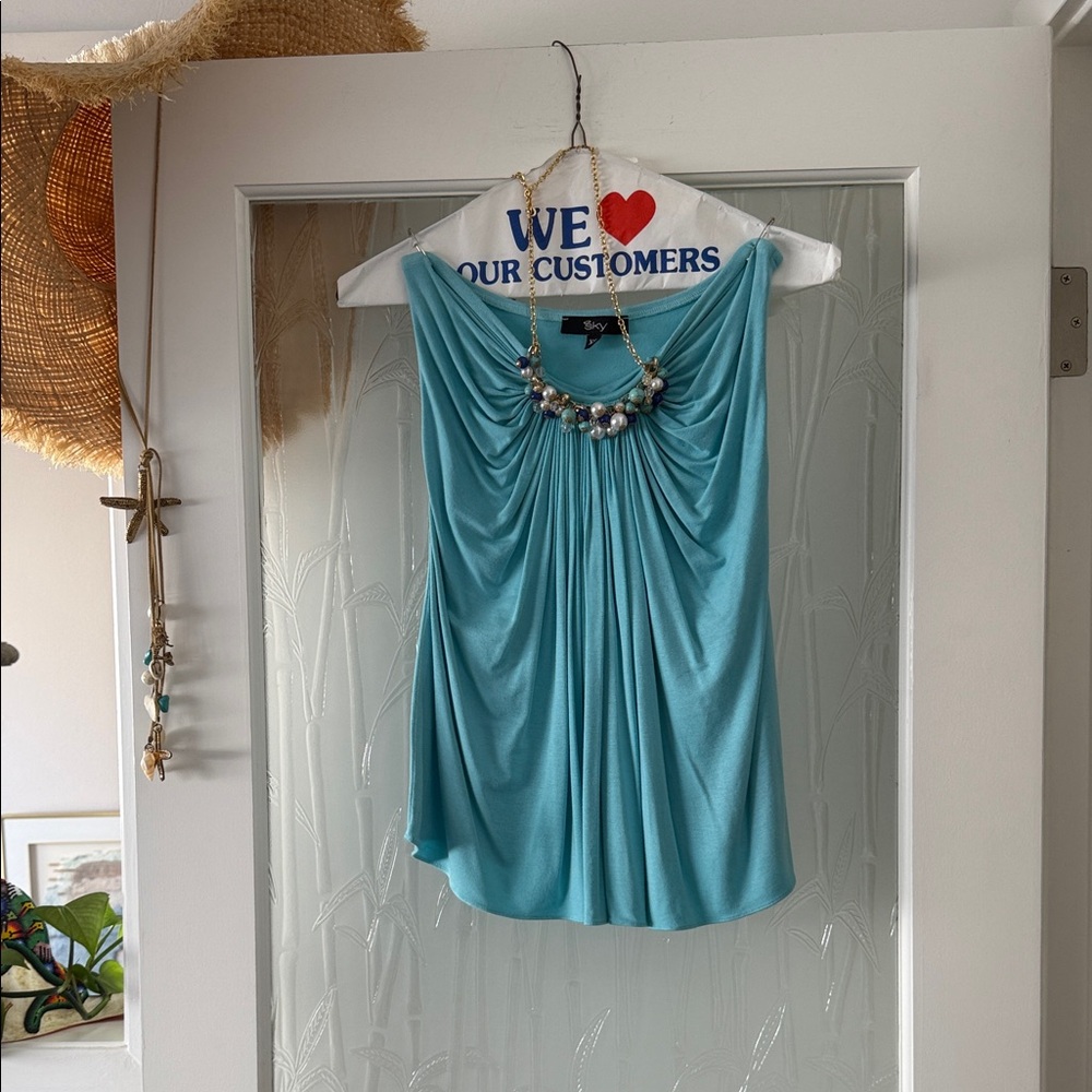 Sky Brand Elegant Blue Draped Women's Top with Pearl and bead embellishment